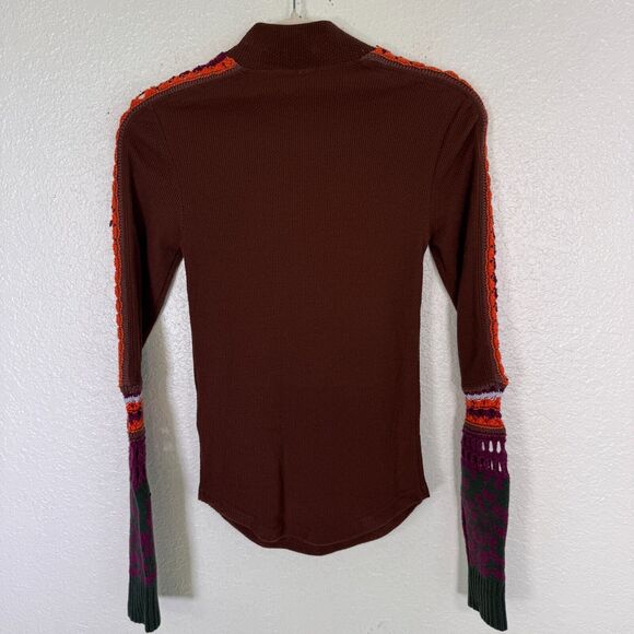 Free People Switch It Up Thermal Top Women XS Cocoa Brown Crochet Knit Layering - Picture 2 of 10